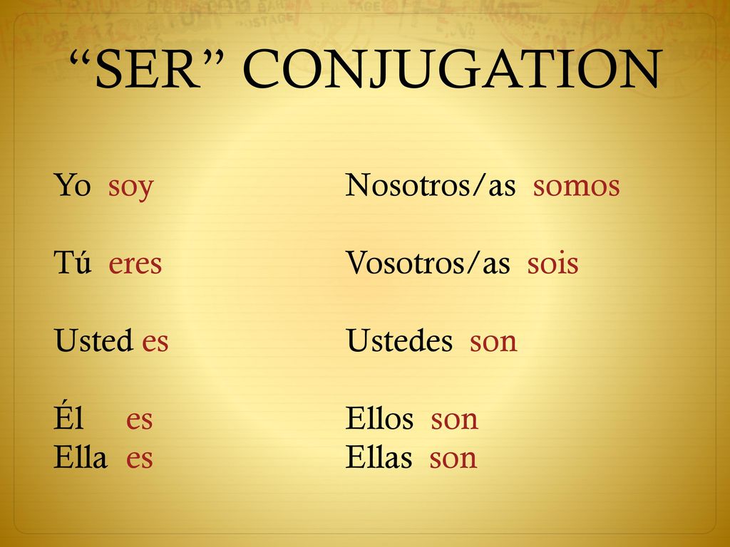 SER CONJUGATION Yo soy Nosotros/as somos Tú eres Vosotros/as sois