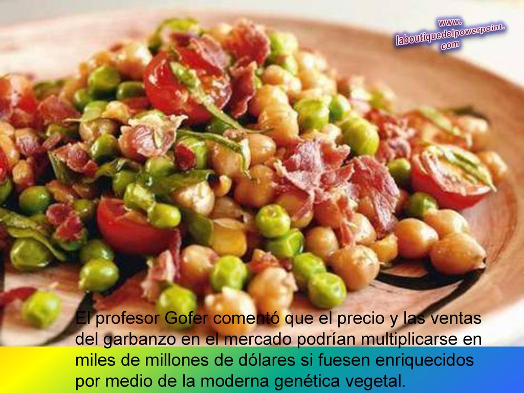 El profesor Gofer comentó que el precio y las ventas del garbanzo en el mercado podrían multiplicarse en miles de millones de dólares si fuesen enriquecidos por medio de la moderna genética vegetal.