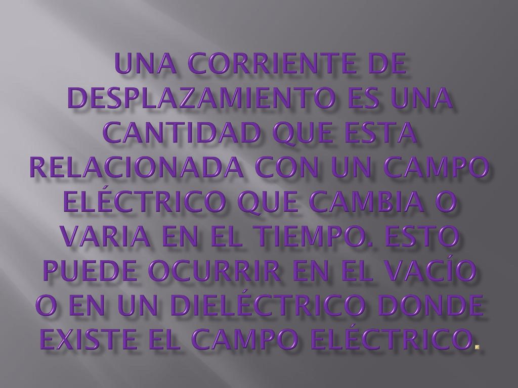 Una corriente de desplazamiento es una cantidad que esta relacionada con un campo eléctrico que cambia o varia en el tiempo.