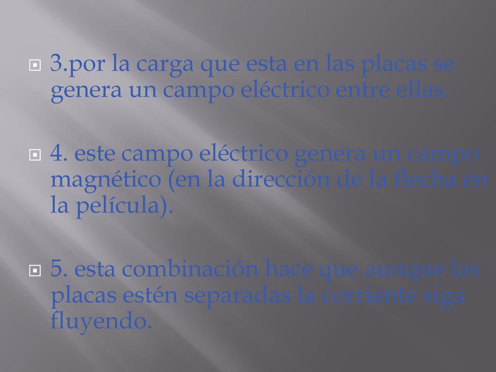 3.por la carga que esta en las placas se genera un campo eléctrico entre ellas.