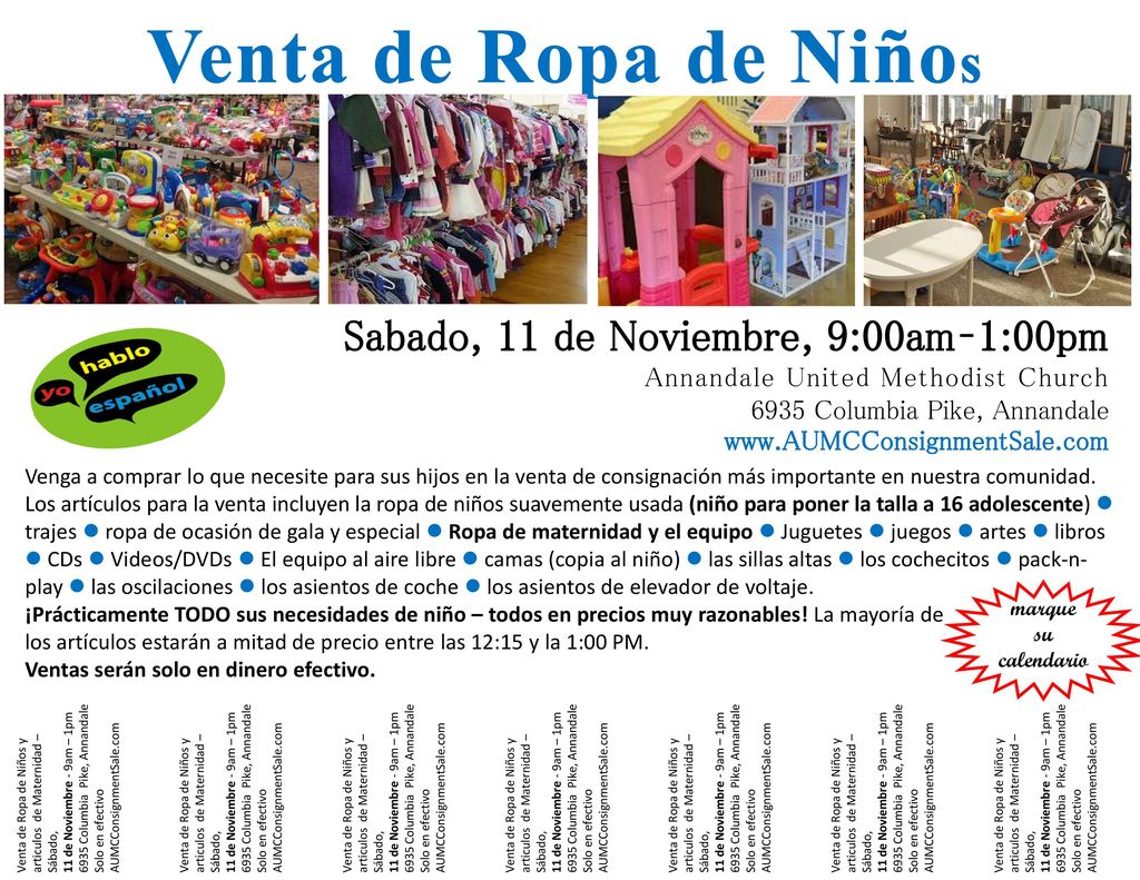 Venta de Ropa de Niños Sabado, 11 de Noviembre, 9:00am–1:00pm