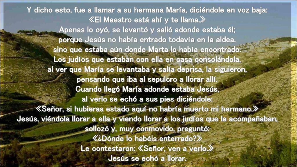 Y dicho esto, fue a llamar a su hermana María, diciéndole en voz baja: «El Maestro está ahí y te llama.» Apenas lo oyó, se levantó y salió adonde estaba él; porque Jesús no había entrado todavía en la aldea, sino que estaba aún donde Marta lo había encontrado.