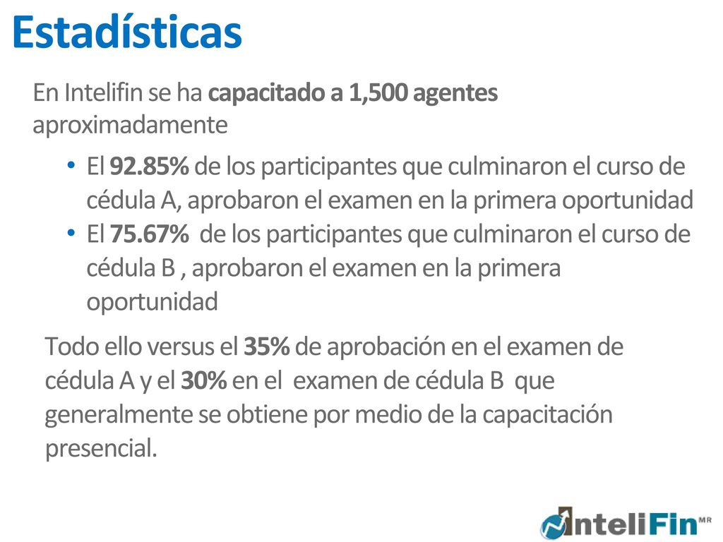 Estadísticas En Intelifin se ha capacitado a 1,500 agentes aproximadamente.