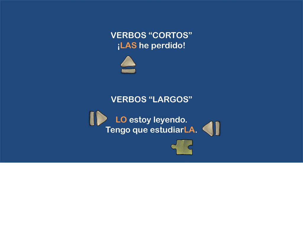 VERBOS CORTOS ¡LAS he perdido! VERBOS LARGOS LO estoy leyendo. Tengo que estudiarLA.