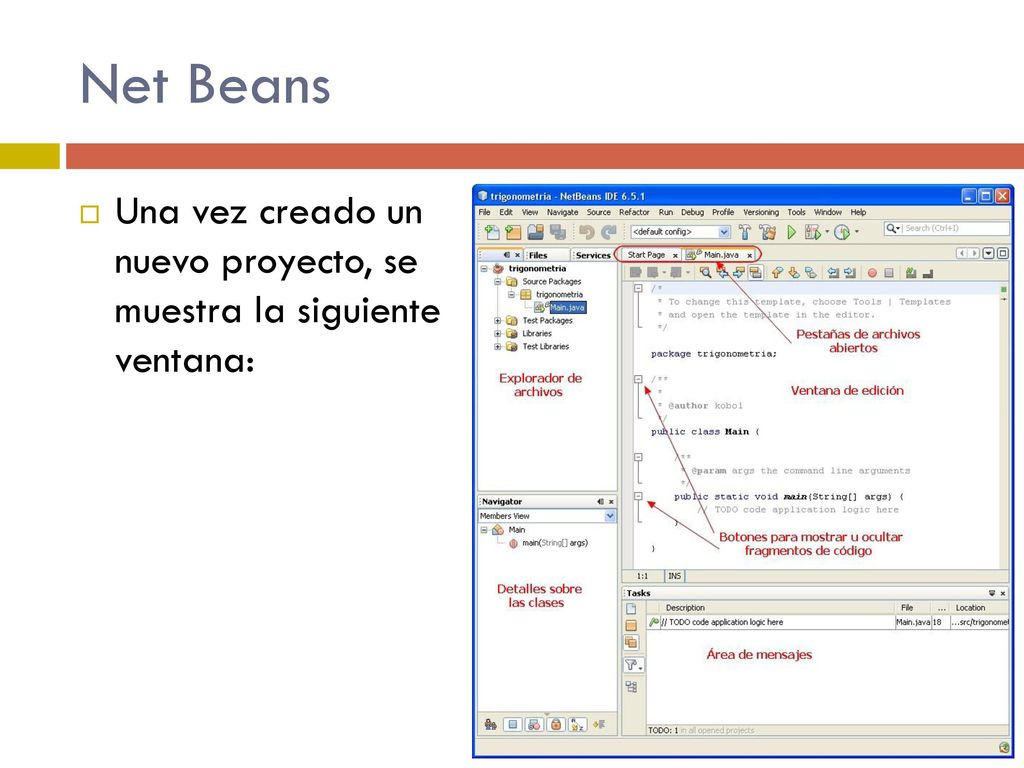Net Beans Una vez creado un nuevo proyecto, se muestra la siguiente ventana: