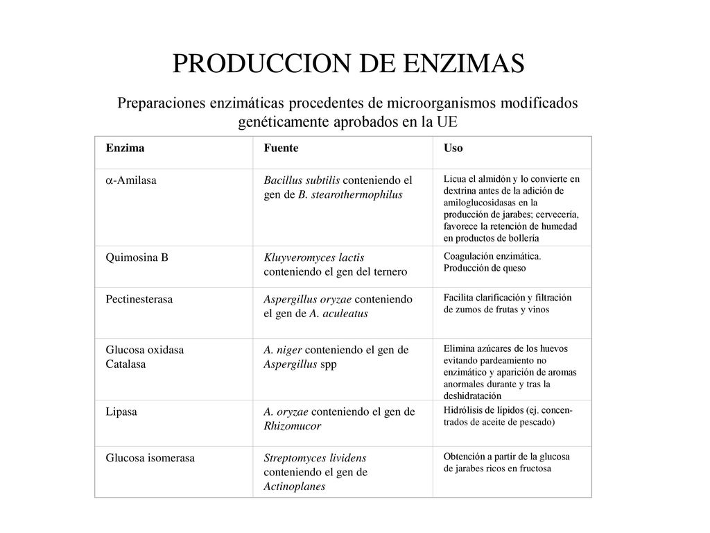 PRODUCCION DE ENZIMAS Preparaciones enzimáticas procedentes de microorganismos modificados genéticamente aprobados en la UE.