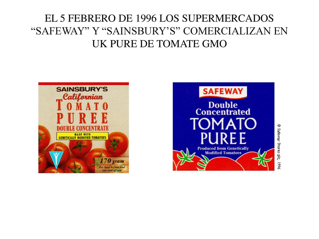 EL 5 FEBRERO DE 1996 LOS SUPERMERCADOS SAFEWAY Y SAINSBURY’S COMERCIALIZAN EN UK PURE DE TOMATE GMO
