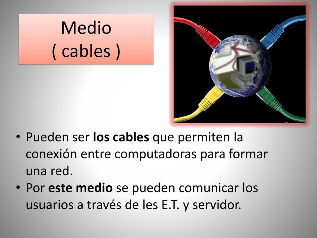 Medio ( cables ) Pueden ser los cables que permiten la conexión entre computadoras para formar una red.