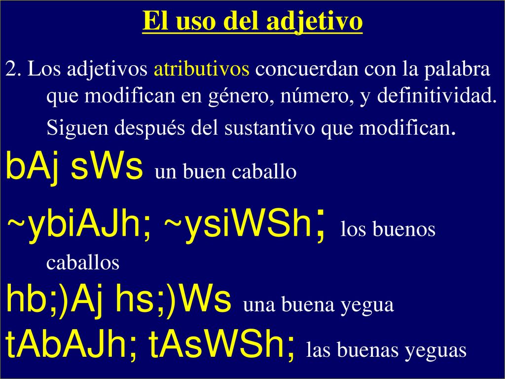 ~ybiAJh; ~ysiWSh; los buenos caballos hb;)Aj hs;)Ws una buena yegua