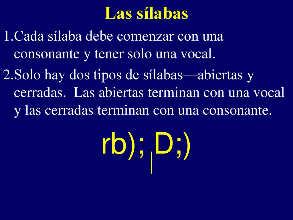 Las sílabas Cada sílaba debe comenzar con una consonante y tener solo una vocal.