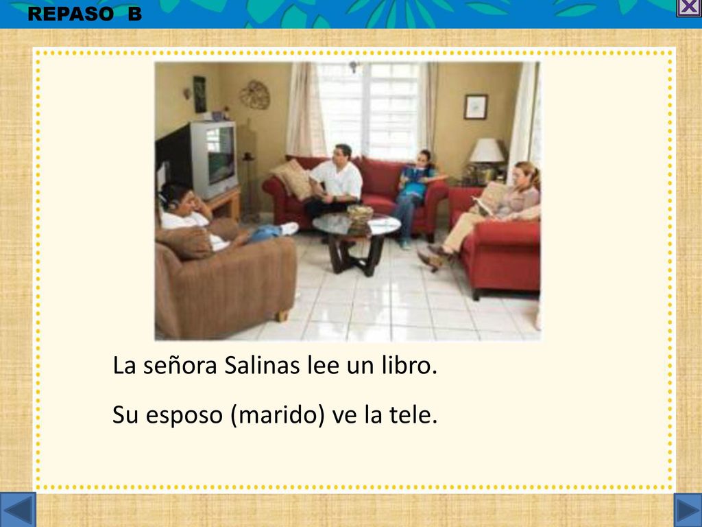 La señora Salinas lee un libro. Su esposo (marido) ve la tele.