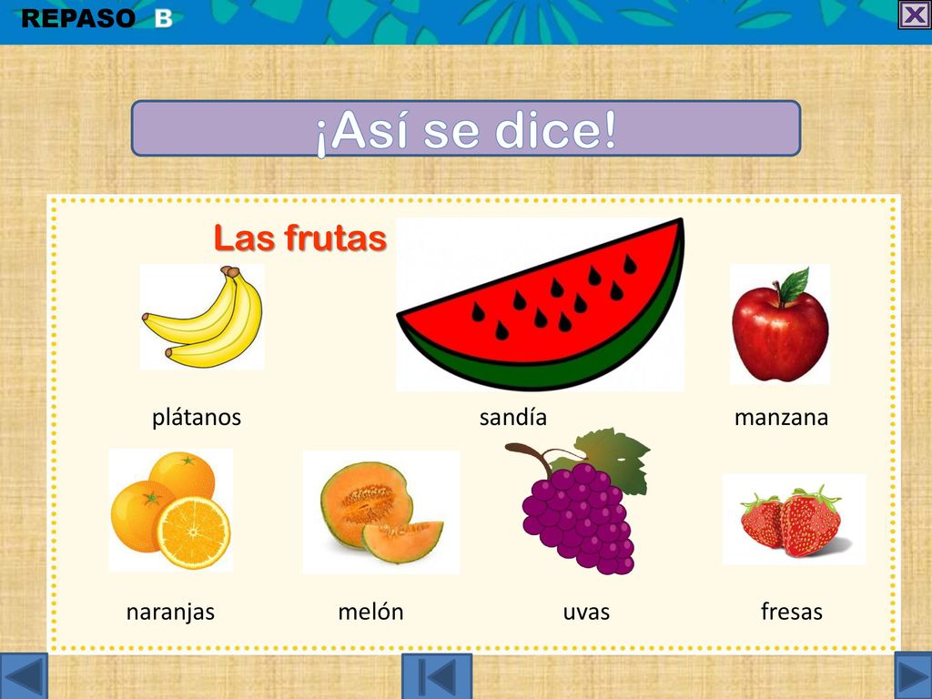 ¡Así se dice! Las frutas REPASO B naranjas melón uvas fresas