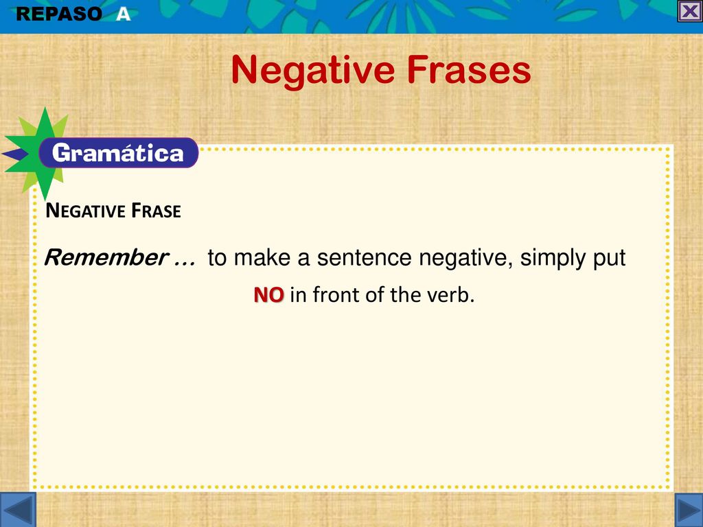 Negative Frases Remember … to make a sentence negative, simply put