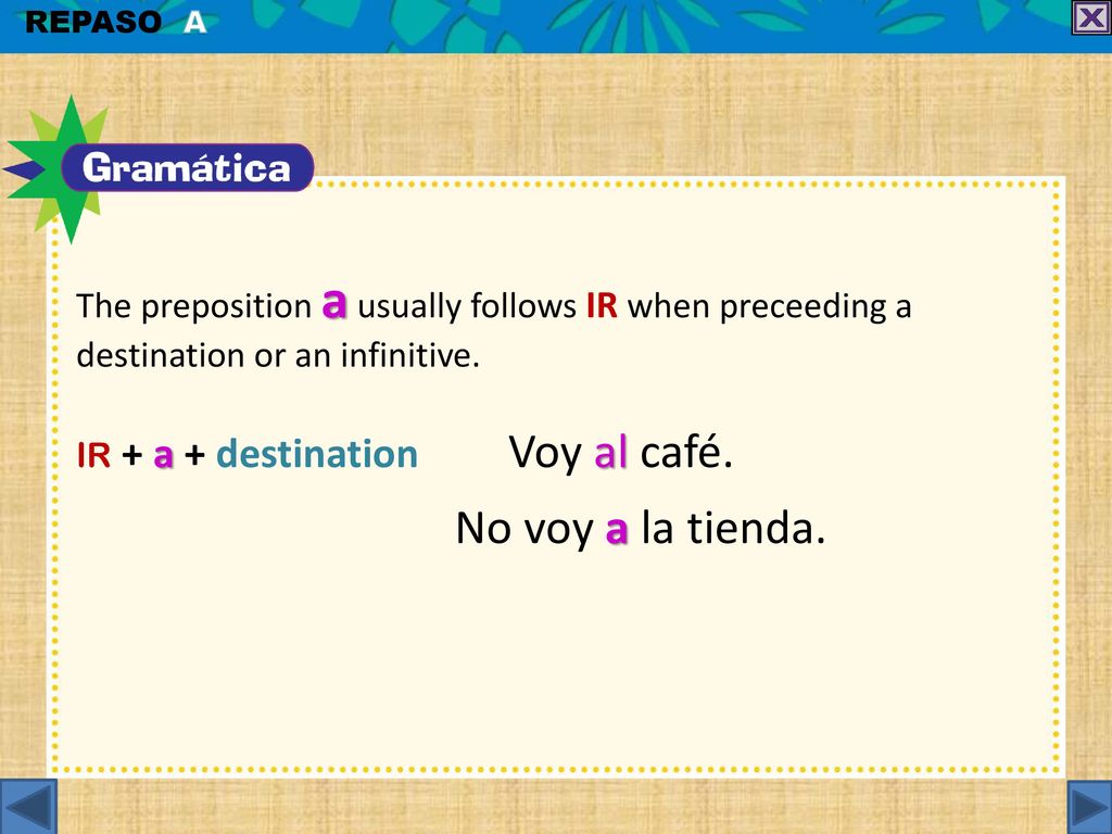No voy a la tienda. ir + a + destination Voy al café.