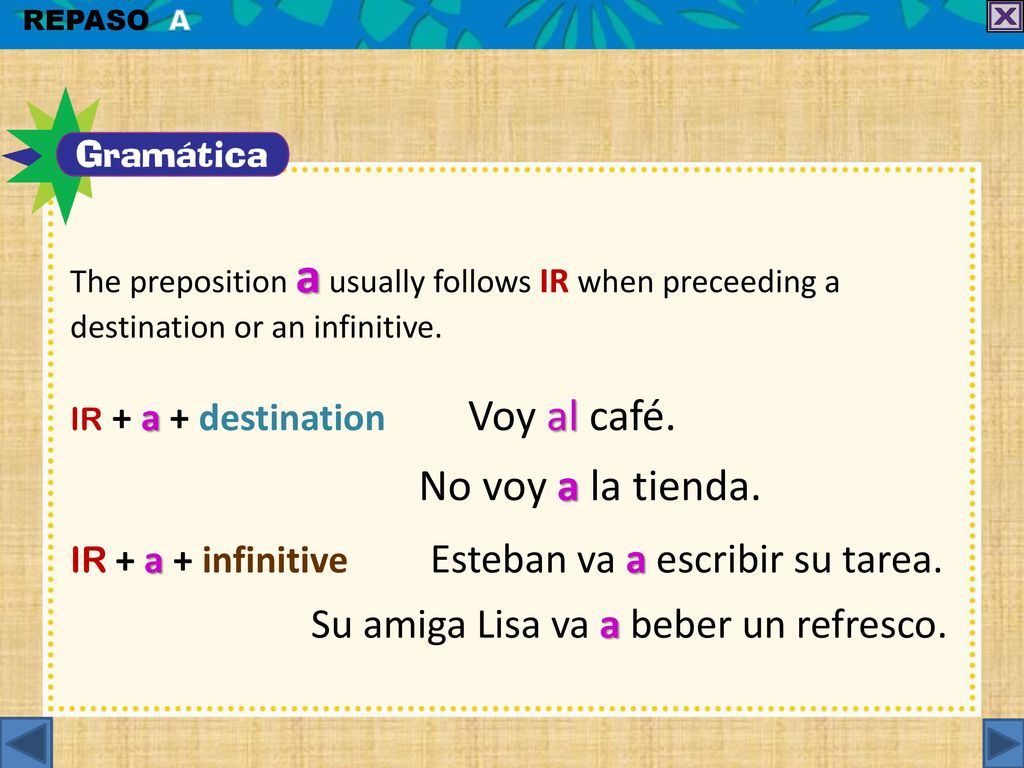 ir + a + infinitive Esteban va a escribir su tarea.