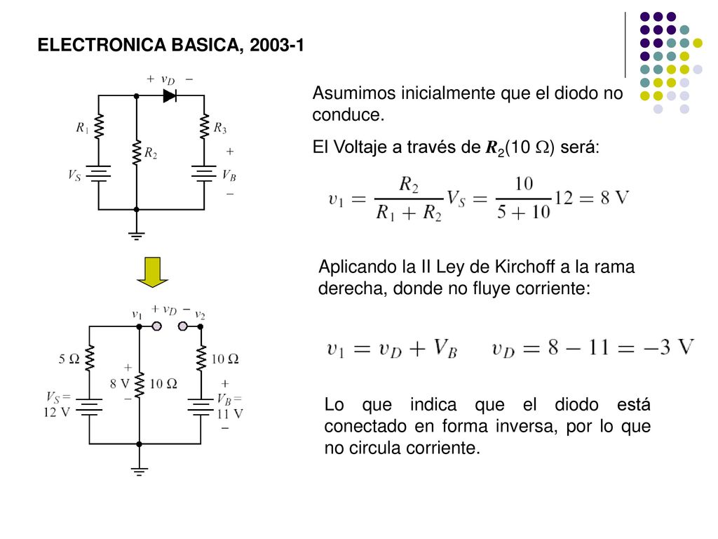 ELECTRONICA BASICA, Asumimos inicialmente que el diodo no conduce. El Voltaje a través de R2(10 ) será: