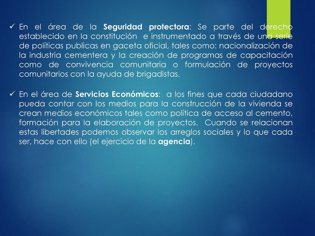 En el área de la Seguridad protectora: Se parte del derecho establecido en la constitución e instrumentado a través de una serie de políticas publicas en gaceta oficial, tales como: nacionalización de la industria cementera y la creación de programas de capacitación como de convivencia comunitaria o formulación de proyectos comunitarios con la ayuda de brigadistas.
