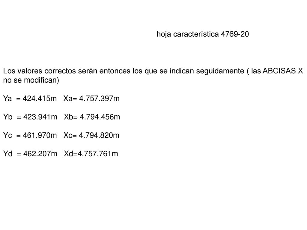 hoja característica Los valores correctos serán entonces los que se indican seguidamente ( las ABCISAS X no se modifican)