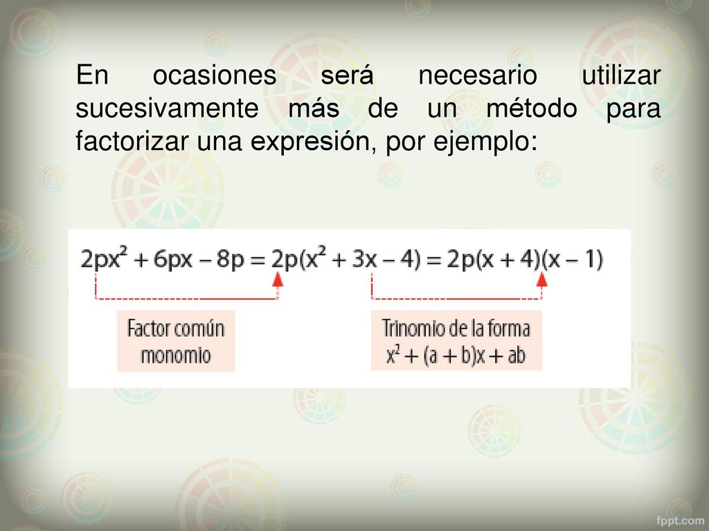 En ocasiones será necesario utilizar sucesivamente más de un método para factorizar una expresión, por ejemplo: