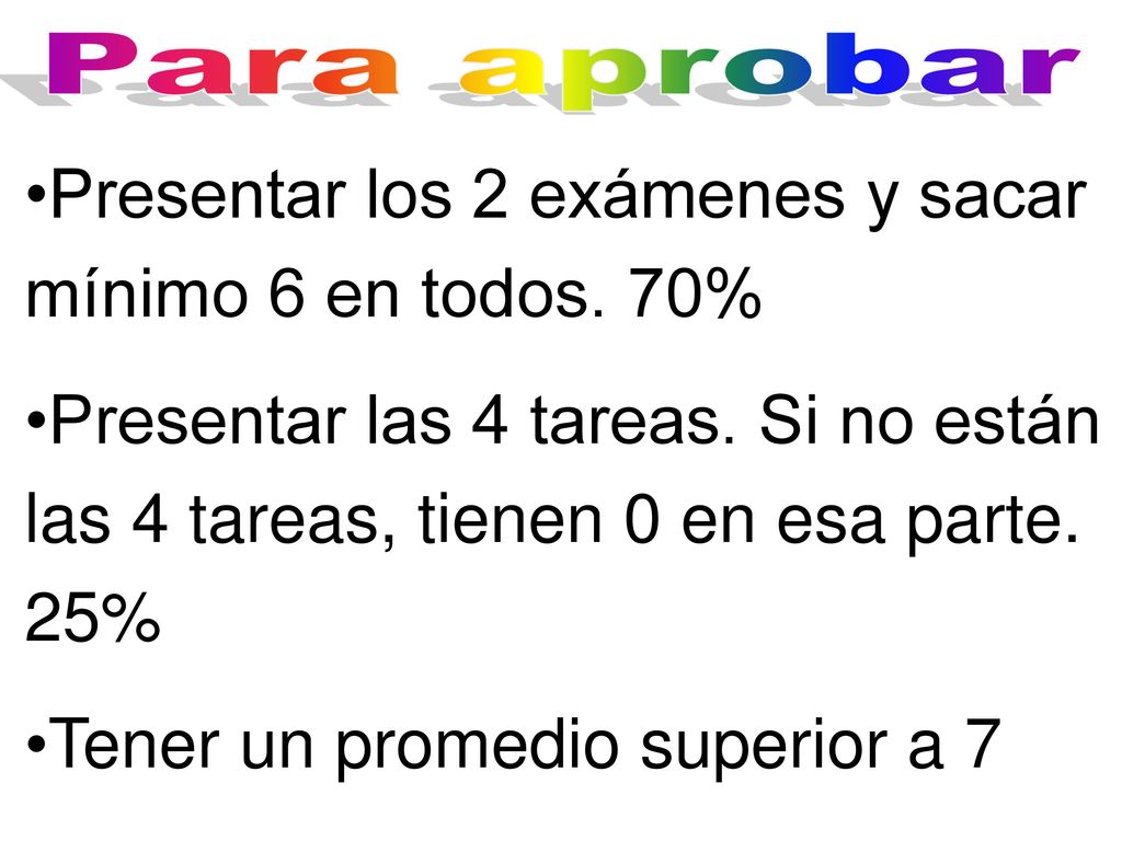 Presentar los 2 exámenes y sacar mínimo 6 en todos. 70%