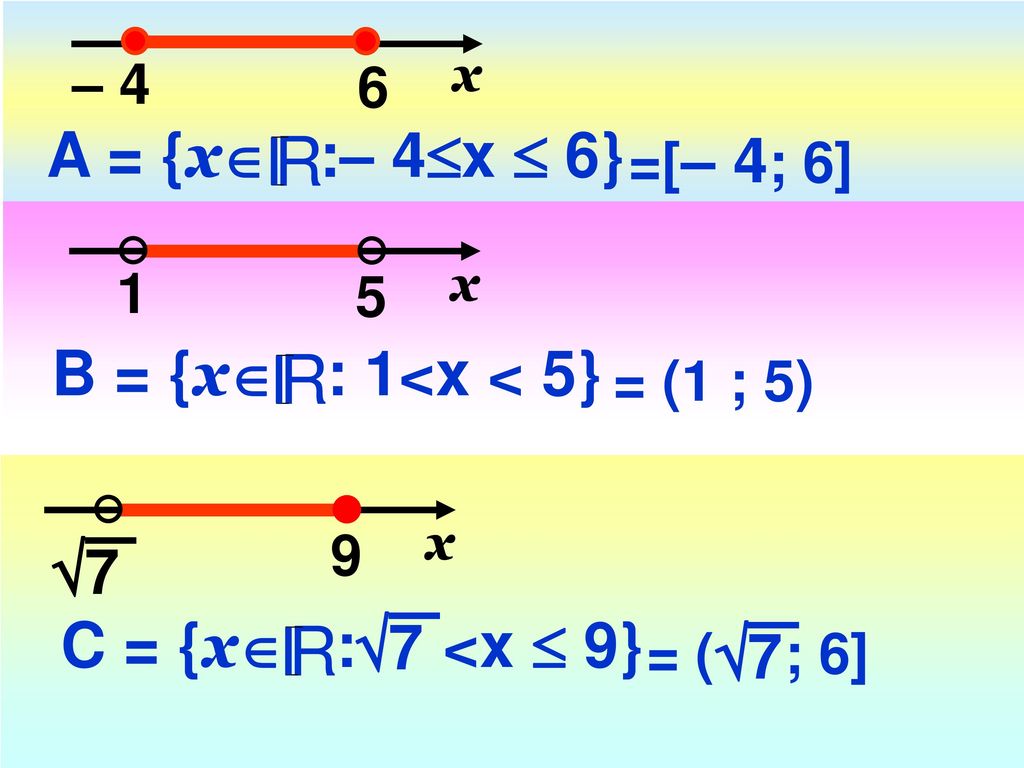 R R R A = {x :– 4x  6} B = {x : 1<x < 5} 7