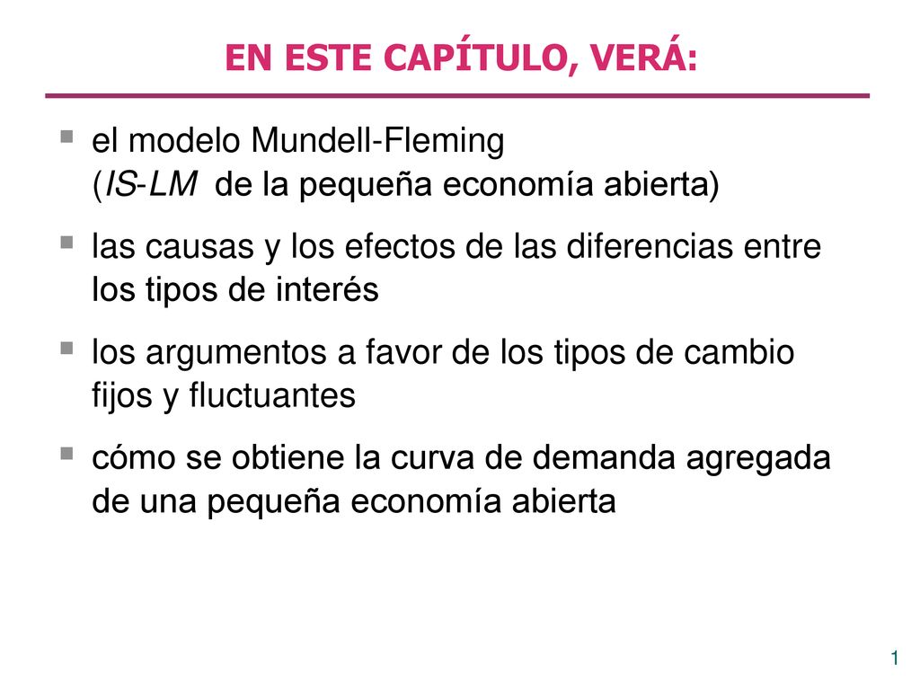EN ESTE CAPÍTULO, VERÁ: el modelo Mundell-Fleming (IS-LM de la pequeña economía abierta)