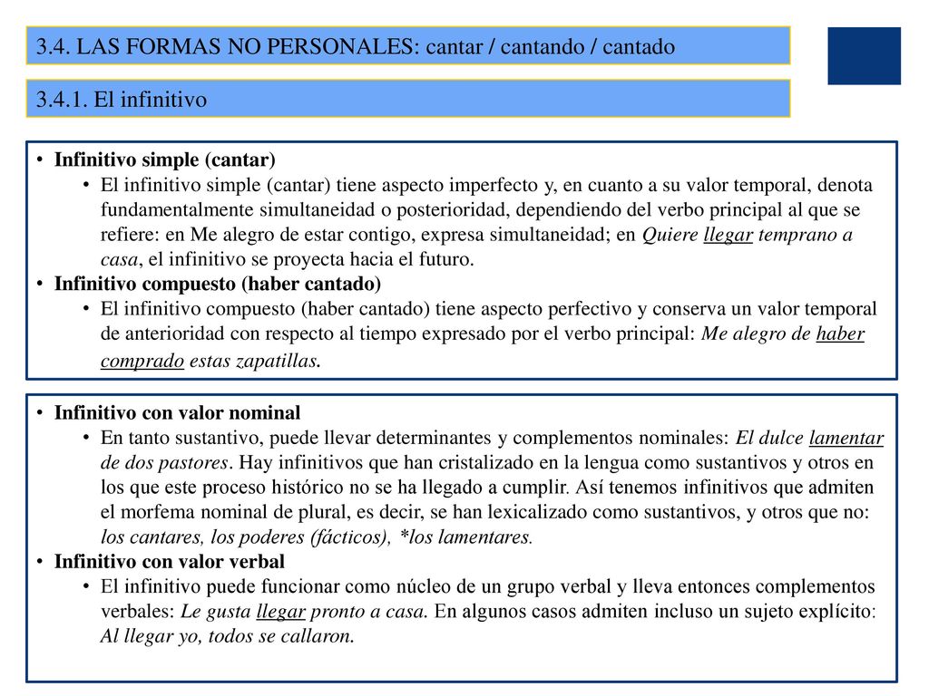 3.4. LAS FORMAS NO PERSONALES: cantar / cantando / cantado