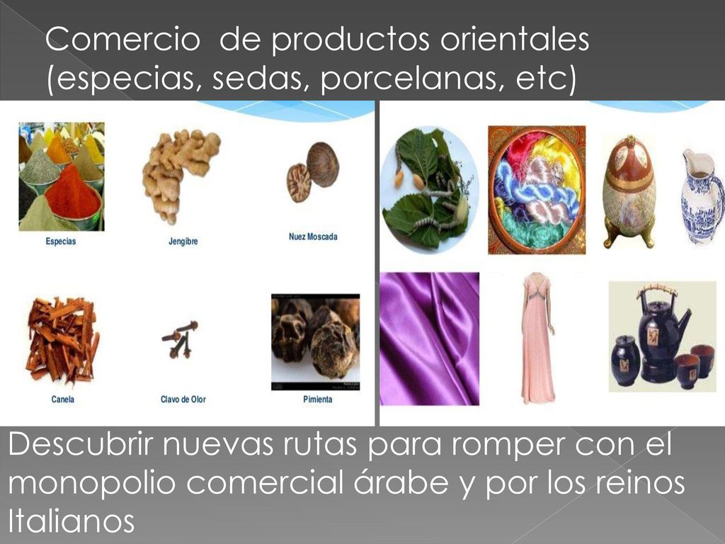 Comercio de productos orientales (especias, sedas, porcelanas, etc)