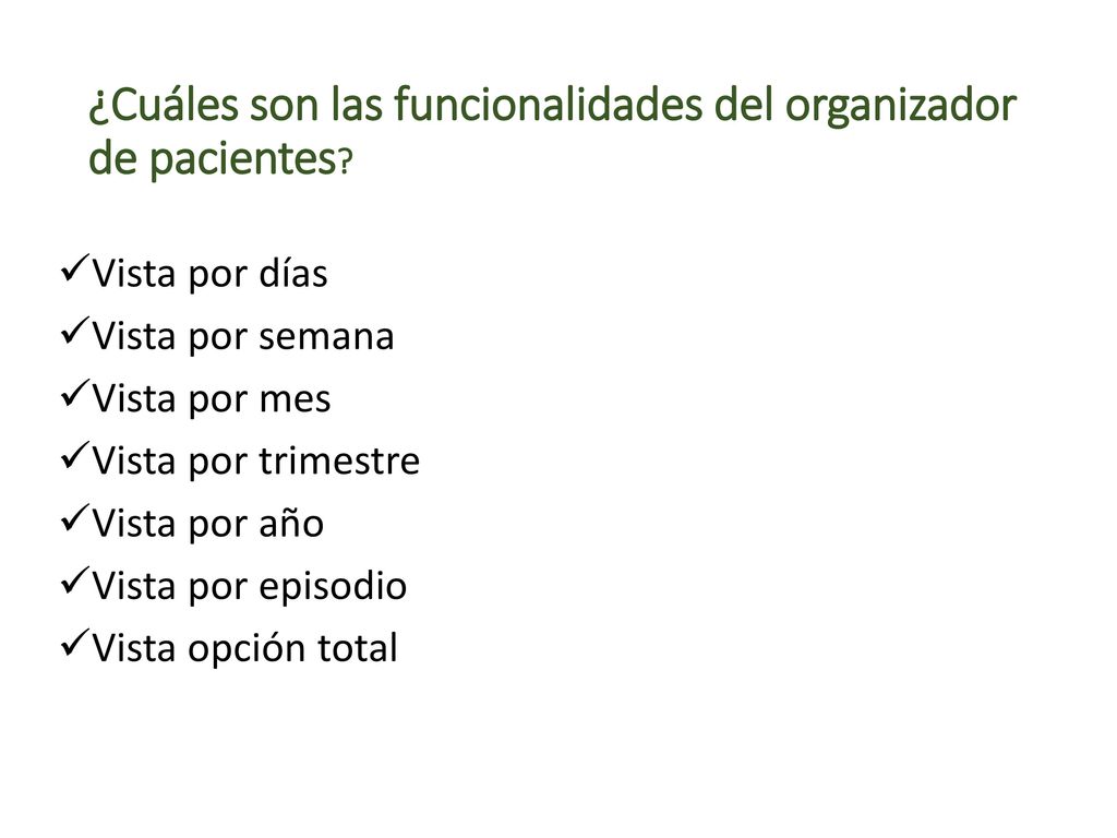 ¿Cuáles son las funcionalidades del organizador de pacientes