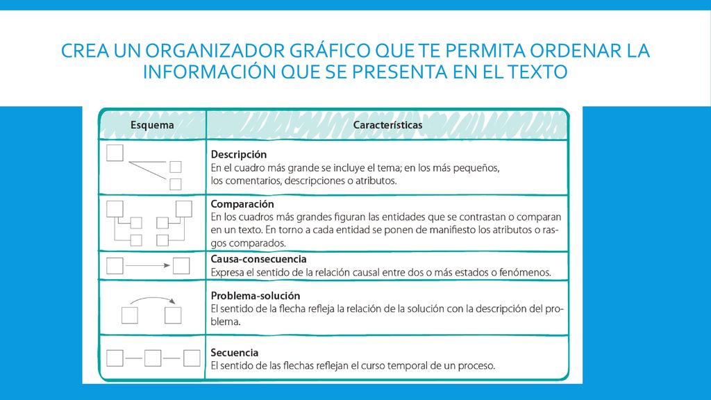 Crea un organizador gráfico que te permita ordenar la información que se presenta en el texto