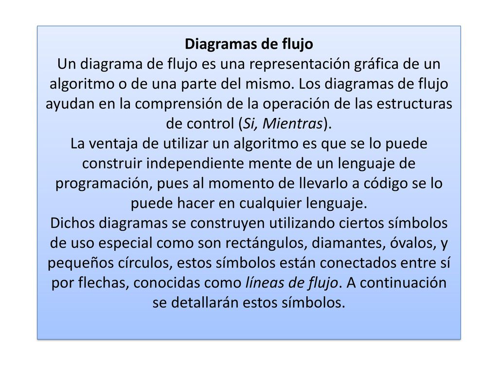 Diagramas de flujo Un diagrama de flujo es una representación gráfica de un algoritmo o de una parte del mismo.