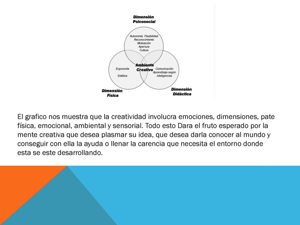 El grafico nos muestra que la creatividad involucra emociones, dimensiones, pate física, emocional, ambiental y sensorial.