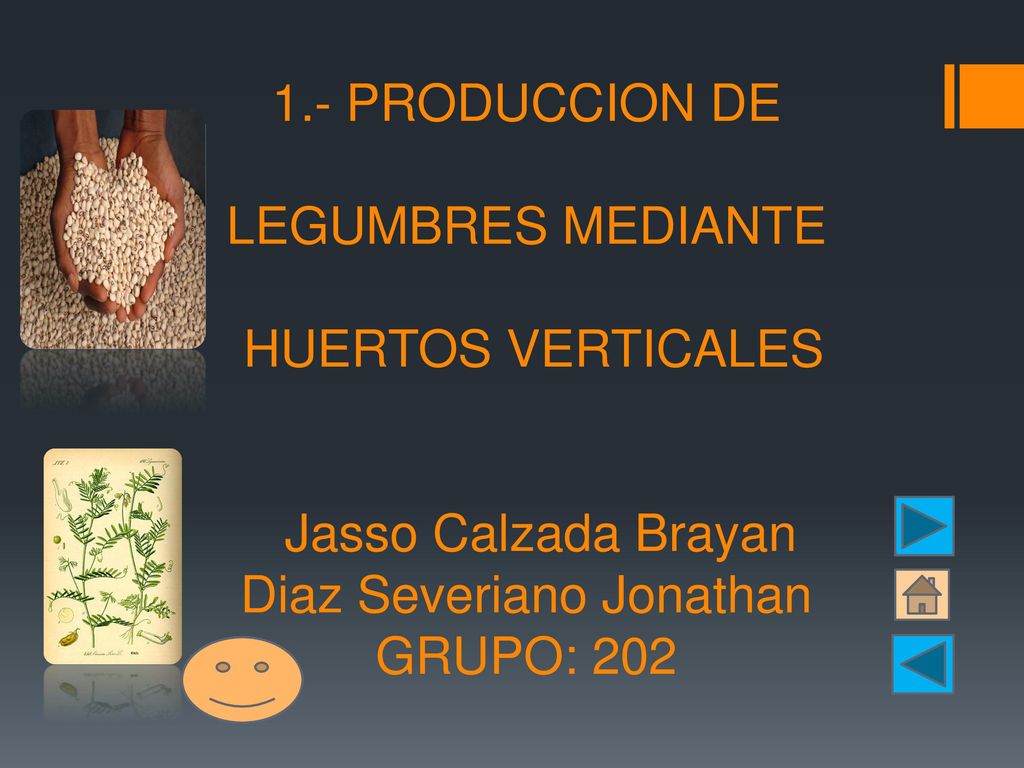1.- PRODUCCION DE LEGUMBRES MEDIANTE HUERTOS VERTICALES Jasso Calzada Brayan Diaz Severiano Jonathan GRUPO: 202