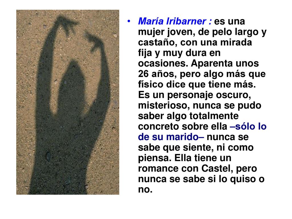 María Iribarner : es una mujer joven, de pelo largo y castaño, con una mirada fija y muy dura en ocasiones.