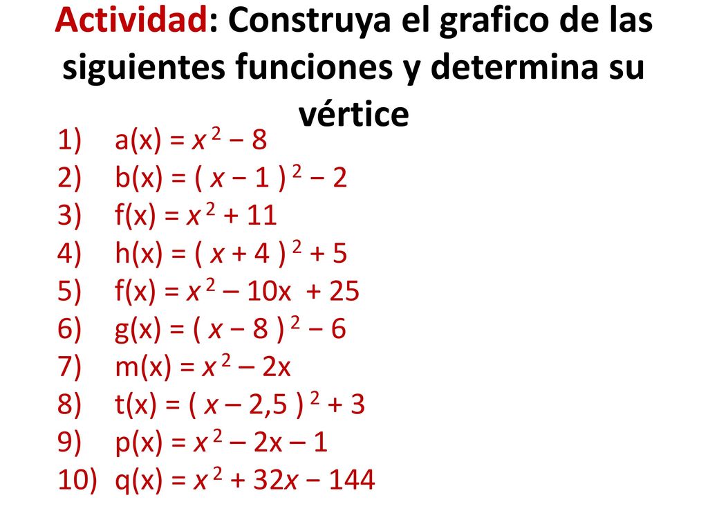 Actividad: Construya el grafico de las siguientes funciones y determina su vértice
