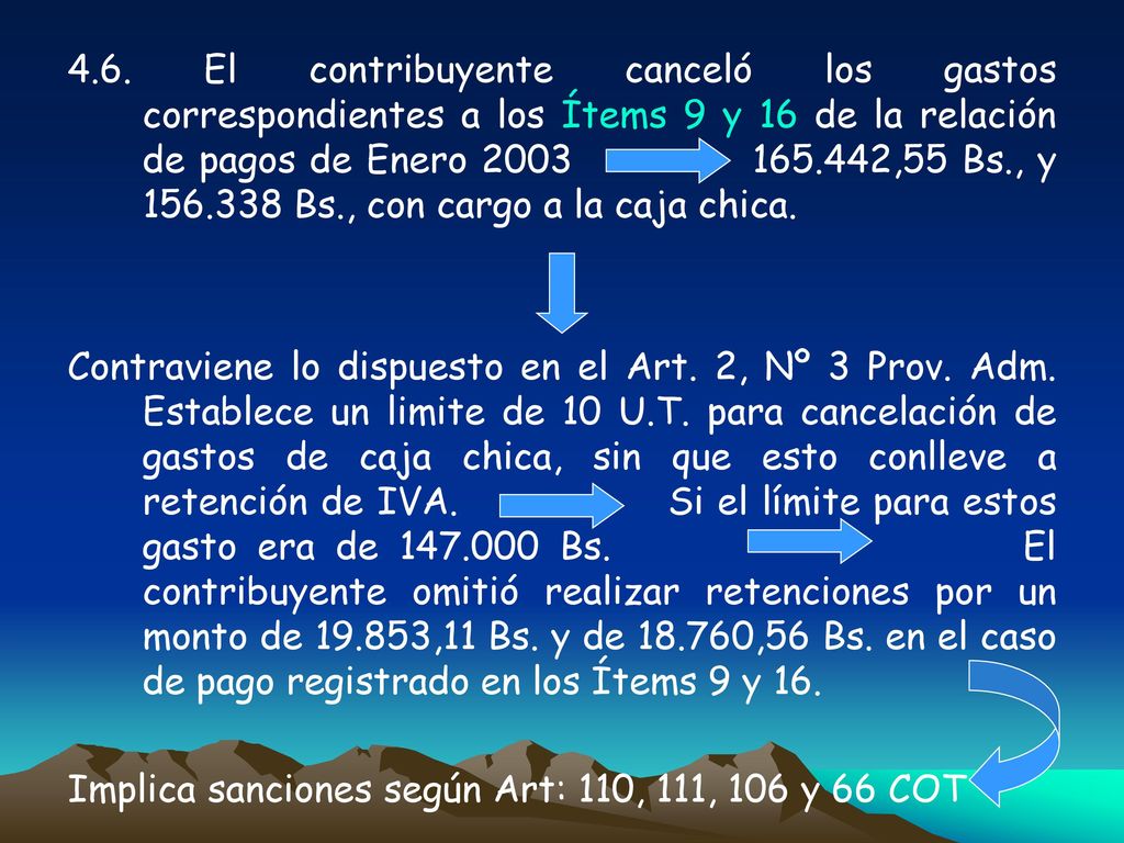4.6. El contribuyente canceló los gastos correspondientes a los Ítems 9 y 16 de la relación de pagos de Enero ,55 Bs., y Bs., con cargo a la caja chica.