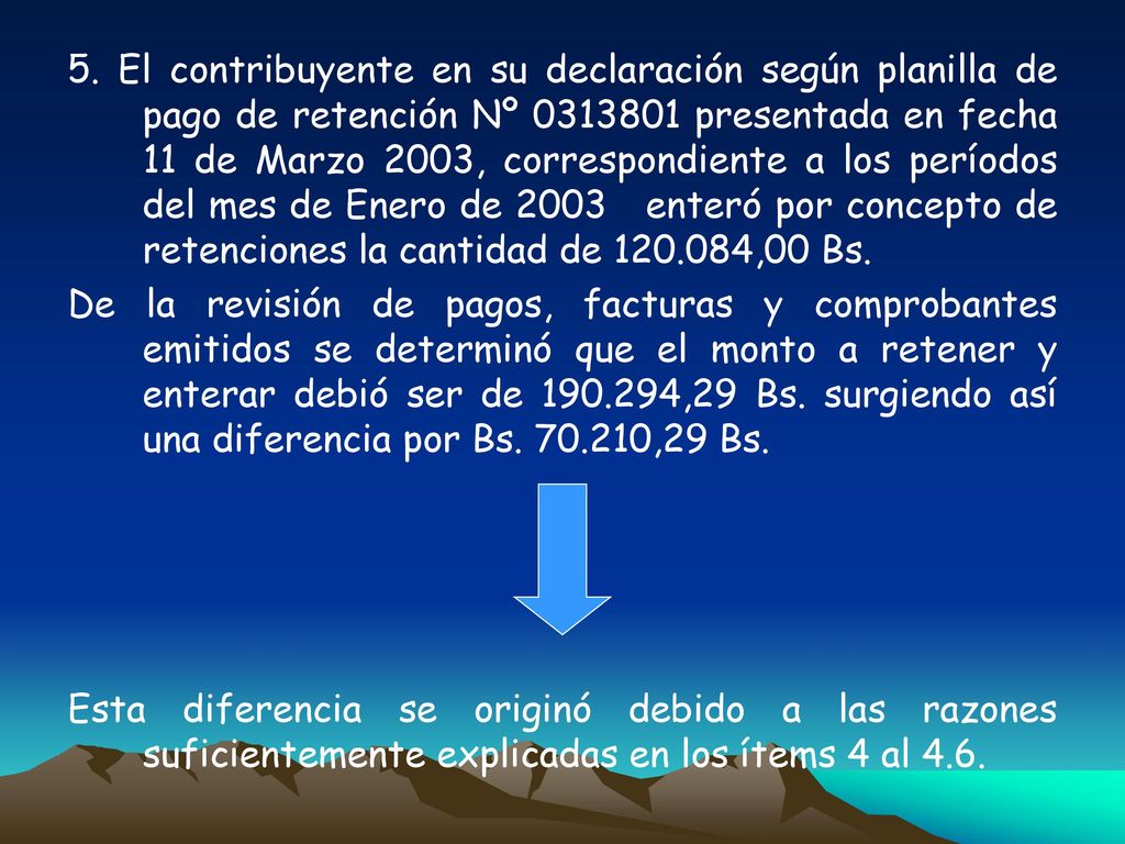 5. El contribuyente en su declaración según planilla de pago de retención Nº presentada en fecha 11 de Marzo 2003, correspondiente a los períodos del mes de Enero de 2003 enteró por concepto de retenciones la cantidad de ,00 Bs.