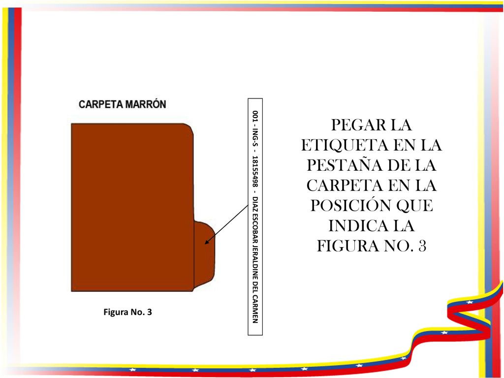 PEGAR LA ETIQUETA EN LA PESTAÑA DE LA CARPETA EN LA POSICIÓN QUE INDICA LA FIGURA NO. 3