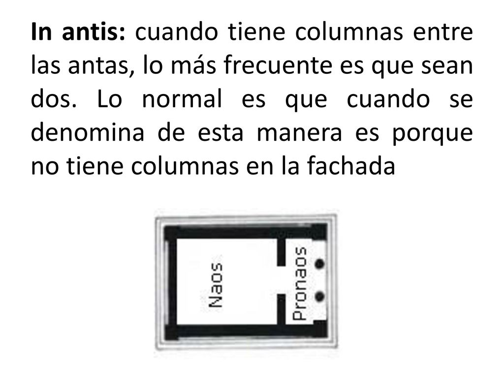 In antis: cuando tiene columnas entre las antas, lo más frecuente es que sean dos.
