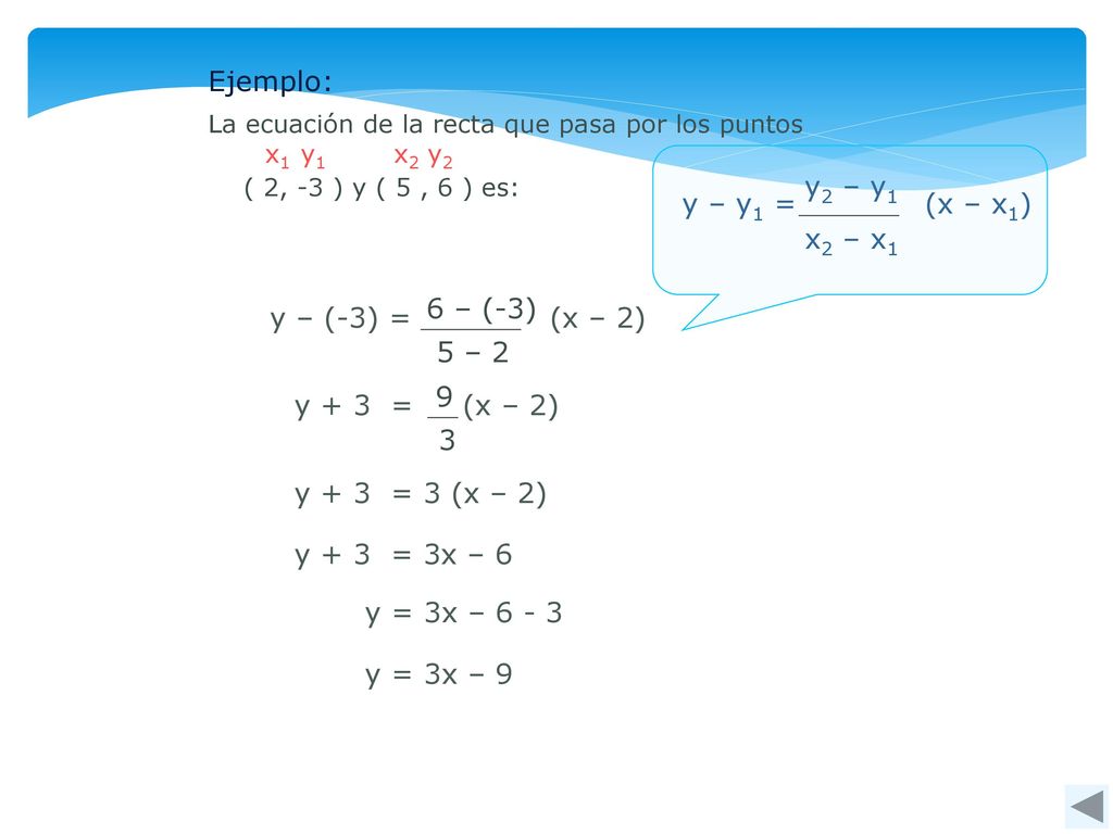 Ejemplo: y2 – y1 y – y1 = (x – x1) x2 – x1 6 – (-3) y – (-3) = (x – 2)