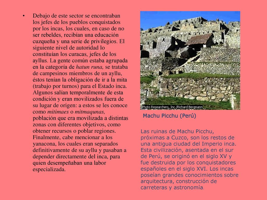 Debajo de este sector se encontraban los jefes de los pueblos conquistados por los incas, los cuales, en caso de no ser rebeldes, recibían una educación cuzqueña y una serie de privilegios. El siguiente nivel de autoridad lo constituían los curacas, jefes de los ayllus. La gente común estaba agrupada en la categoría de hatun runa, se trataba de campesinos miembros de un ayllu, éstos tenían la obligación de ir a la mita (trabajo por turnos) para el Estado inca. Algunos salían temporalmente de esta condición y eran movilizados fuera de su lugar de origen: a estos se les conoce como mitimaes o mitmaqunas, población que era movilizada a distintas zonas con diferentes objetivos, como obtener recursos o poblar regiones. Finalmente, cabe mencionar a los yanacona, los cuales eran separados definitivamente de su ayllu y pasaban a depender directamente del inca, para quien desempeñaban una labor especializada.