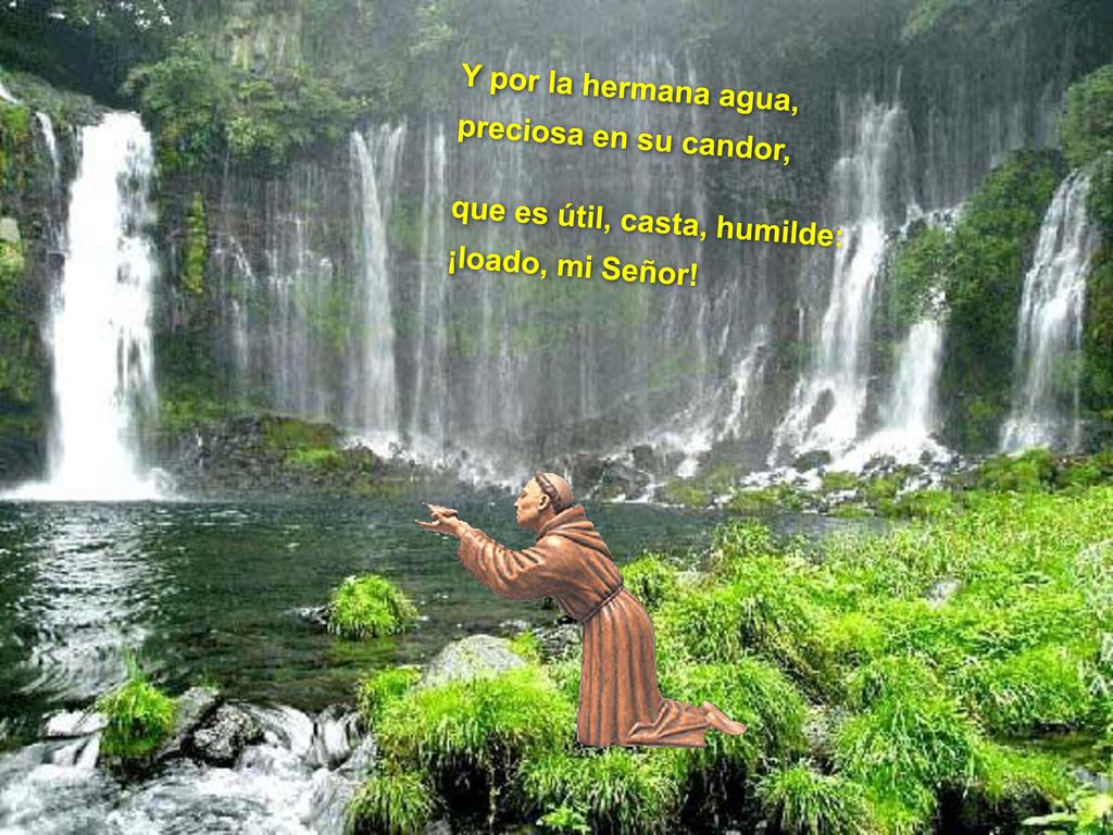 Y por la hermana agua, preciosa en su candor, que es útil, casta, humilde: ¡loado, mi Señor!