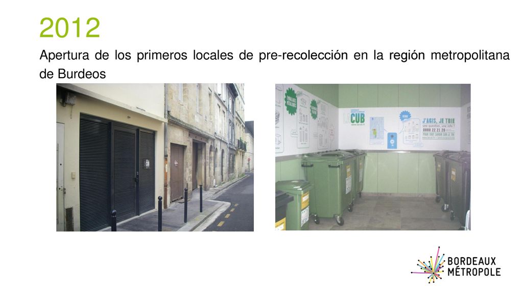 2012 Apertura de los primeros locales de pre-recolección en la región metropolitana de Burdeos