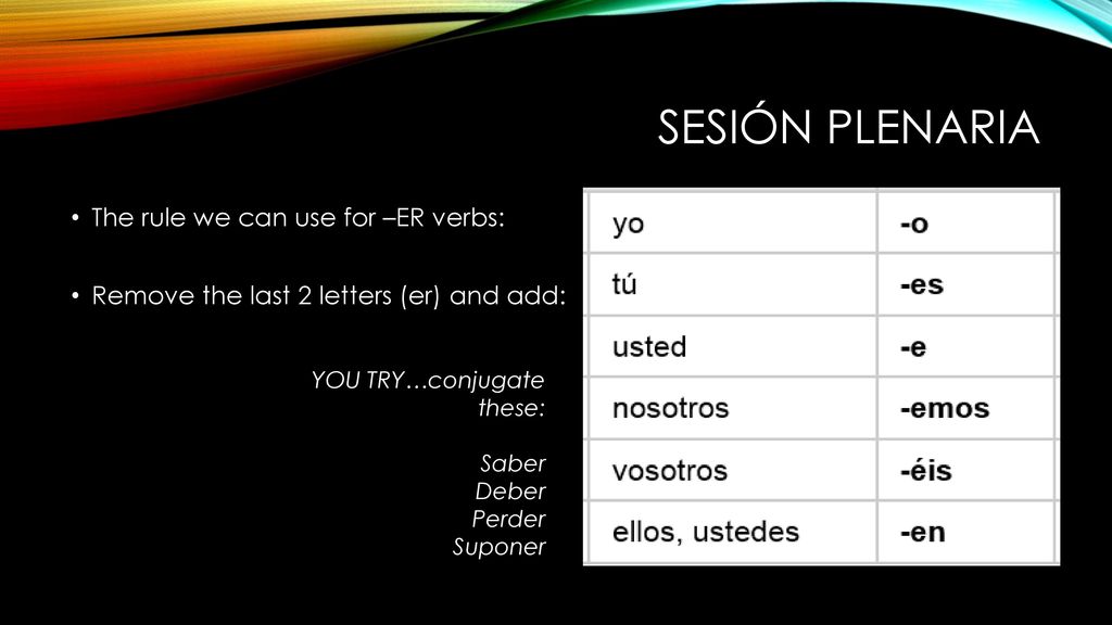 sesión plenaria The rule we can use for –ER verbs: