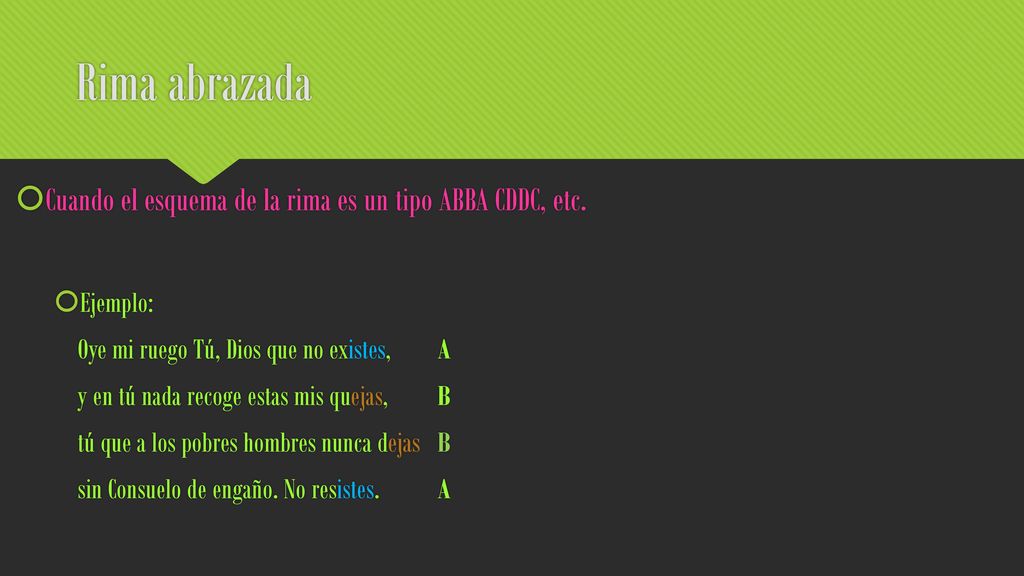 Rima abrazada Cuando el esquema de la rima es un tipo ABBA CDDC, etc.