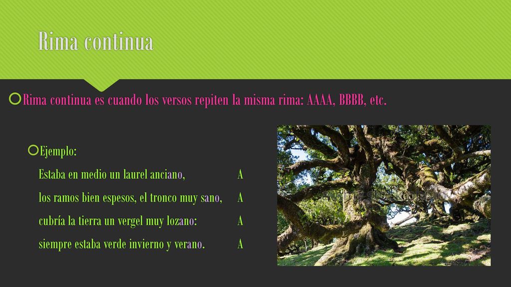 Rima continua Rima continua es cuando los versos repiten la misma rima: AAAA, BBBB, etc.