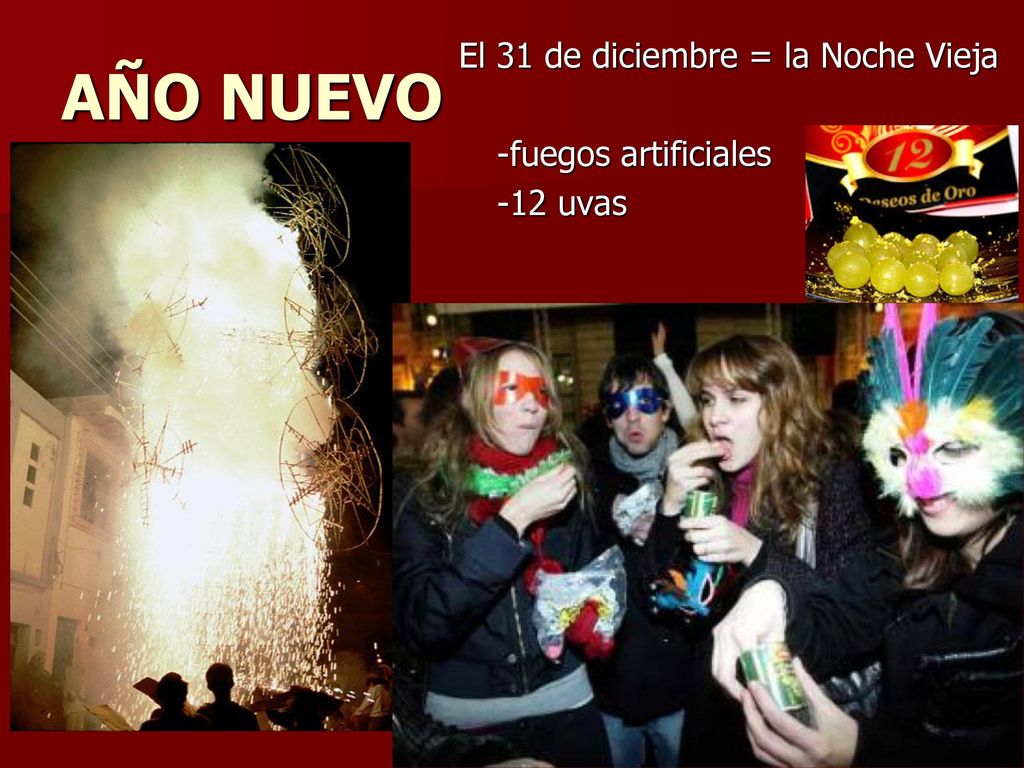 AÑO NUEVO El 31 de diciembre = la Noche Vieja -fuegos artificiales