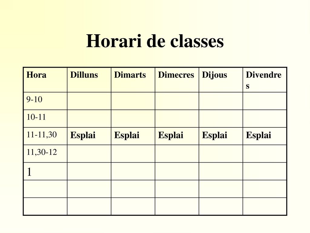 Horari de classes 1 Esplai Hora Dilluns Dimarts Dimecres Dijous
