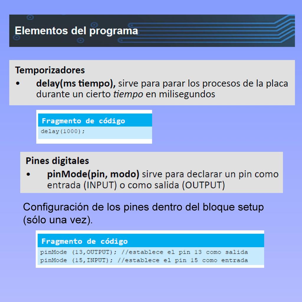 Configuración de los pines dentro del bloque setup (sólo una vez).