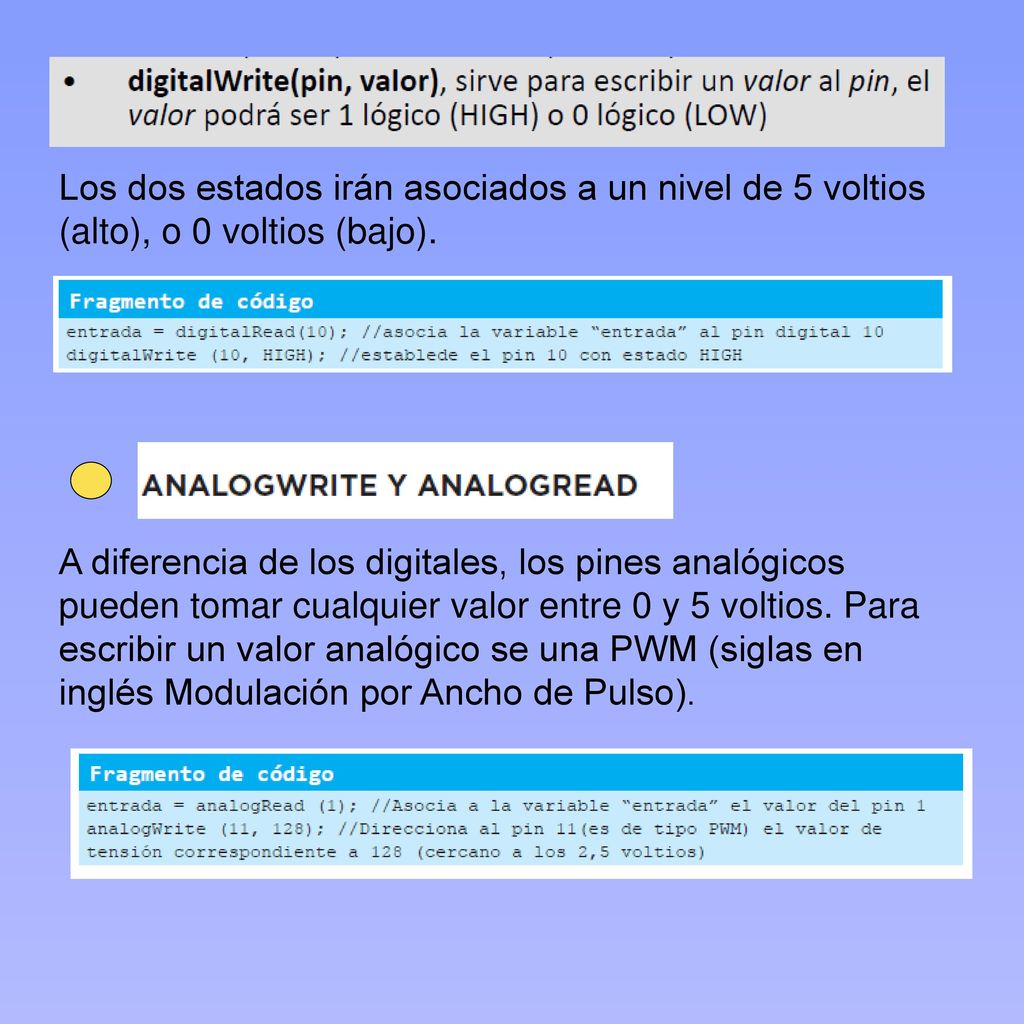 Los dos estados irán asociados a un nivel de 5 voltios (alto), o 0 voltios (bajo).